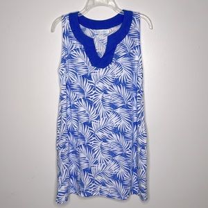 Blue Water Summer Dress or Cover Up Blue White Palm Frond Design Size S